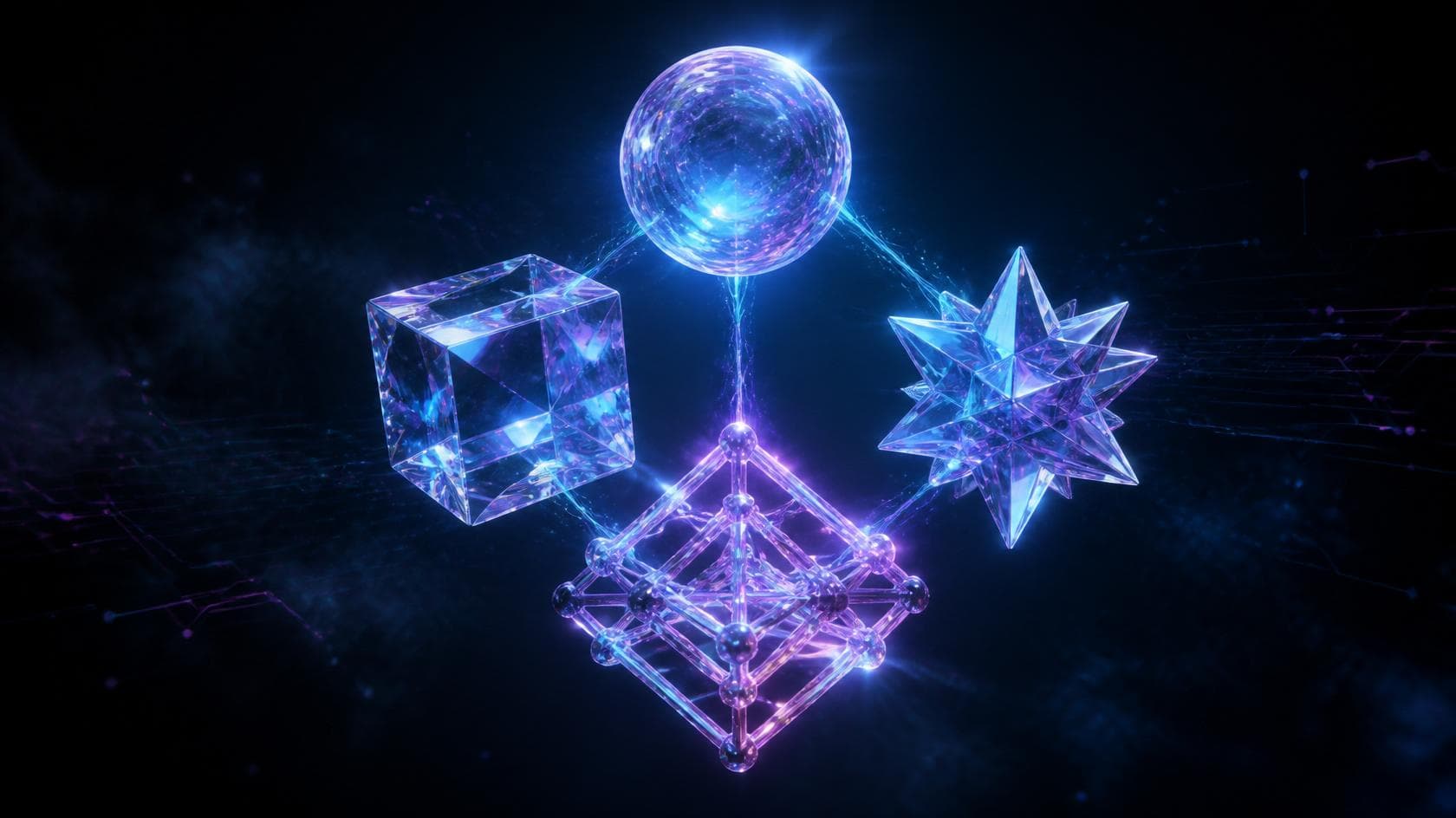 Four crystalline geometric forms — sphere, cube, faceted star, and luminous lattice — suspended in glowing formation against a dark background